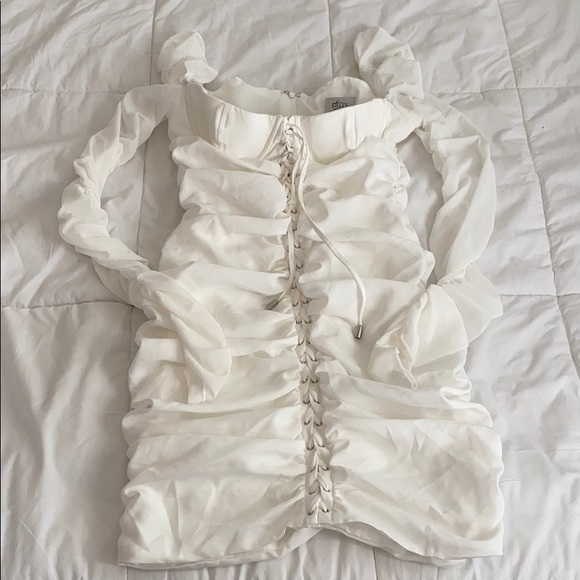 LONG SLEEVE RUCHED MESH MINI DRESS IN OYSTER WHITE - Picture 6 of 9